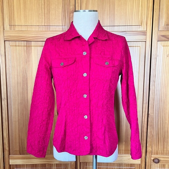 Chicos 0 Small Vibrant Pink Textured Blazer Jacket Artsy Bold Office Coastal - Picture 3 of 7